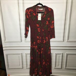 Zara Red Plaid Floral Peonies Shirt Dress NWT